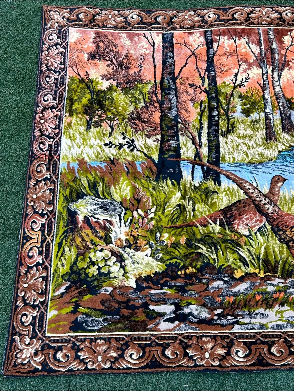 Autumn Pheasant Landscape Wall Tapestry in Rust and Blue